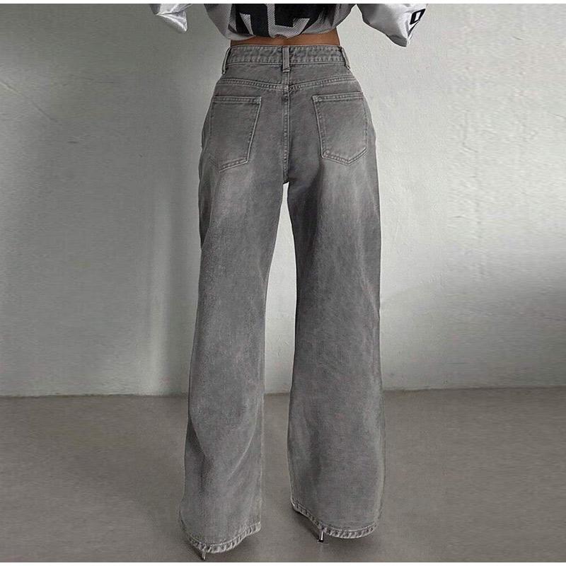 Gray Vintage Baggy Jeans Woman Streetwear High Waist Y2K Wide Leg Denim Pants Loose Female Hip Hop Trousers 2000s Spring Autumn New
