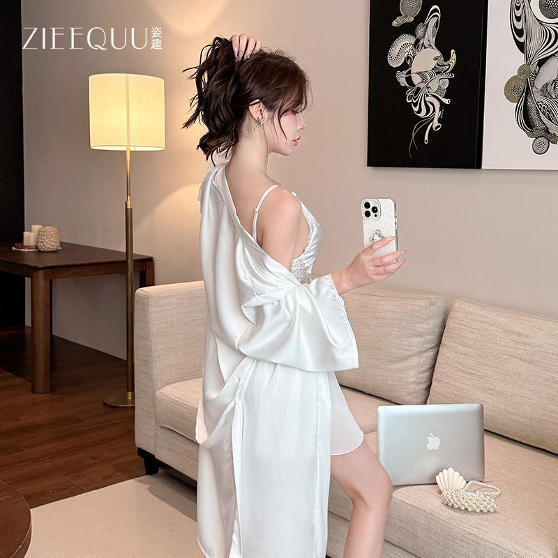 Sexy Light Luxury Ice Silk Nightgown Multi-color Matching Can Be Worn Outside Lace-up Satin Loungewear Jacket Morning Robe 0