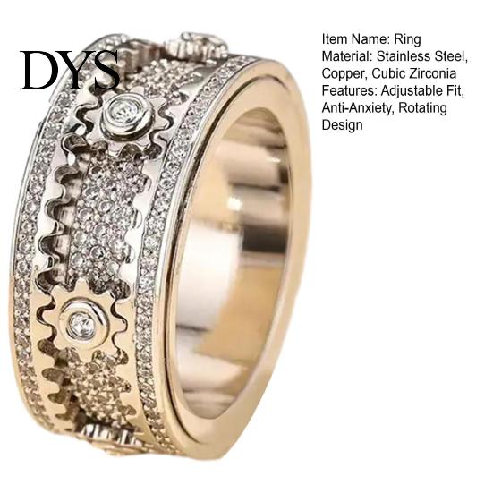 Portable Stress Relief Tool Finger Band Adjustable Anti-Anxiety Fidget Ring Stainless Steel Everyday Wear Reducer Cubic Zirconia Inlaid Rotating