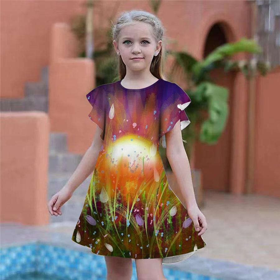 Girls Blue Lily Print Dresses Kids Girl Party Dress Loose Fitting Loose Fitting Short Sleeved Skirt For Girls Over Four Years Old