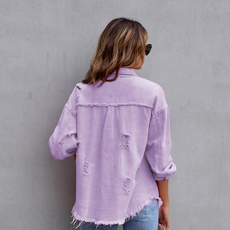 Jachetă din denim de lungime medie pentru femei, cu găuri cu margine brută, toamnă și iarnă, cu mâneci lungi, casual cu revere