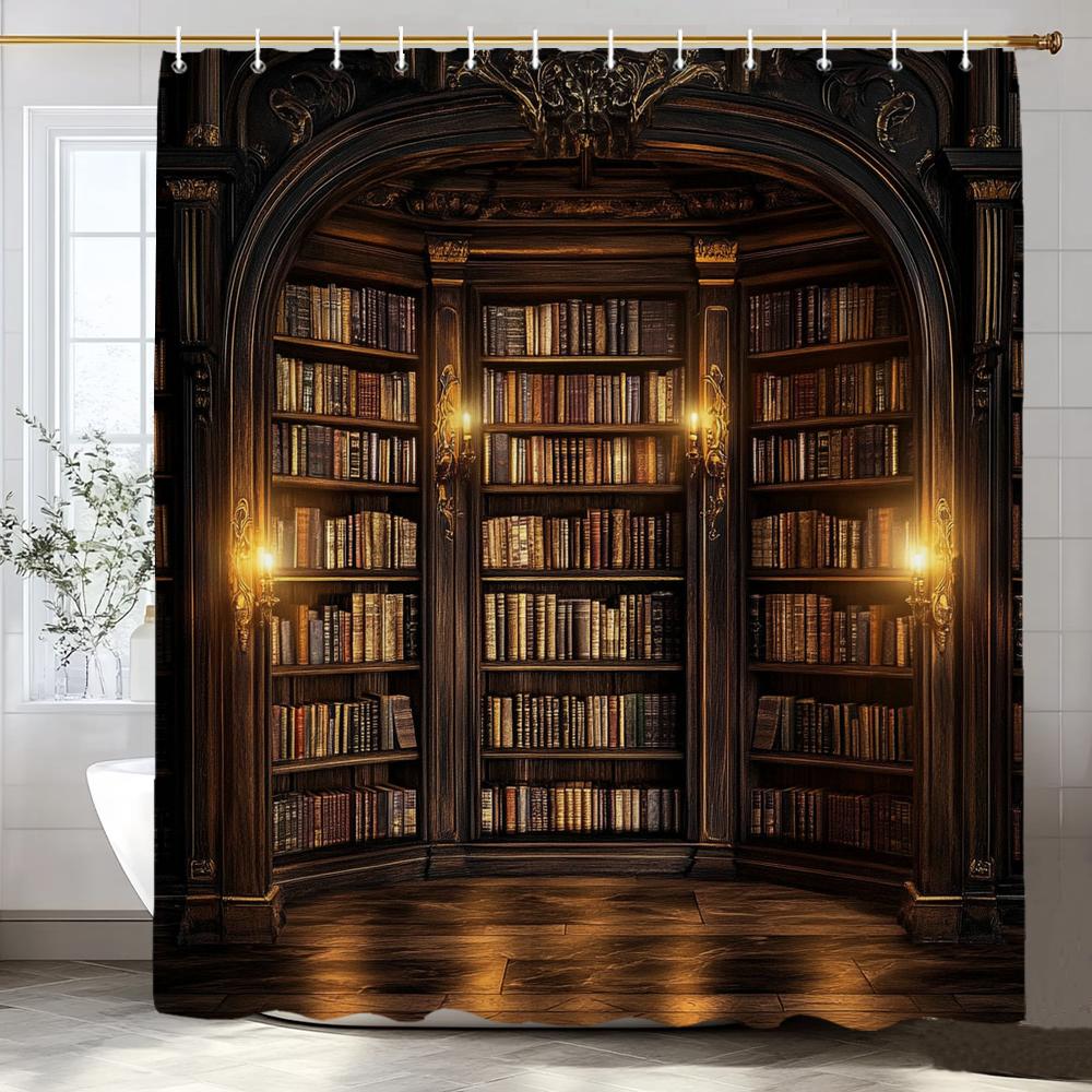 1pc Vintage Library Shower Curtain Old Book Bookshelf Candles Home Polyester Fabric Bathroom Decorative Home Curtain With Hooks