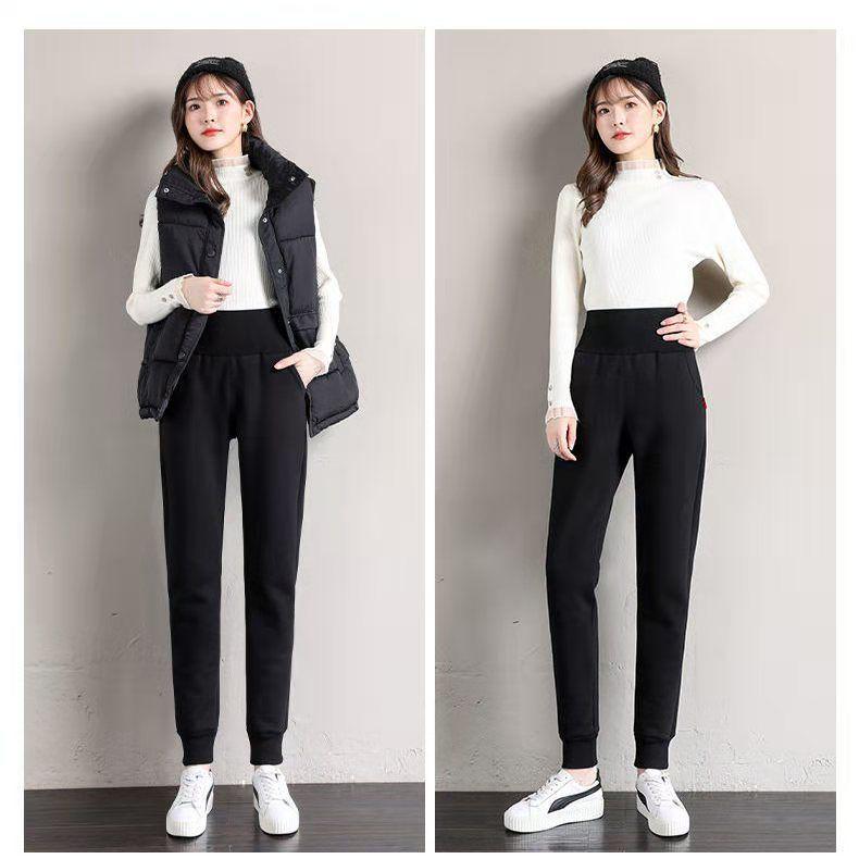 

Женские брюки с высокой талией из овчины и флисовой подкладкой - Теплые повседневные спортивные брюки на осень/зиму L for 100-115 jin