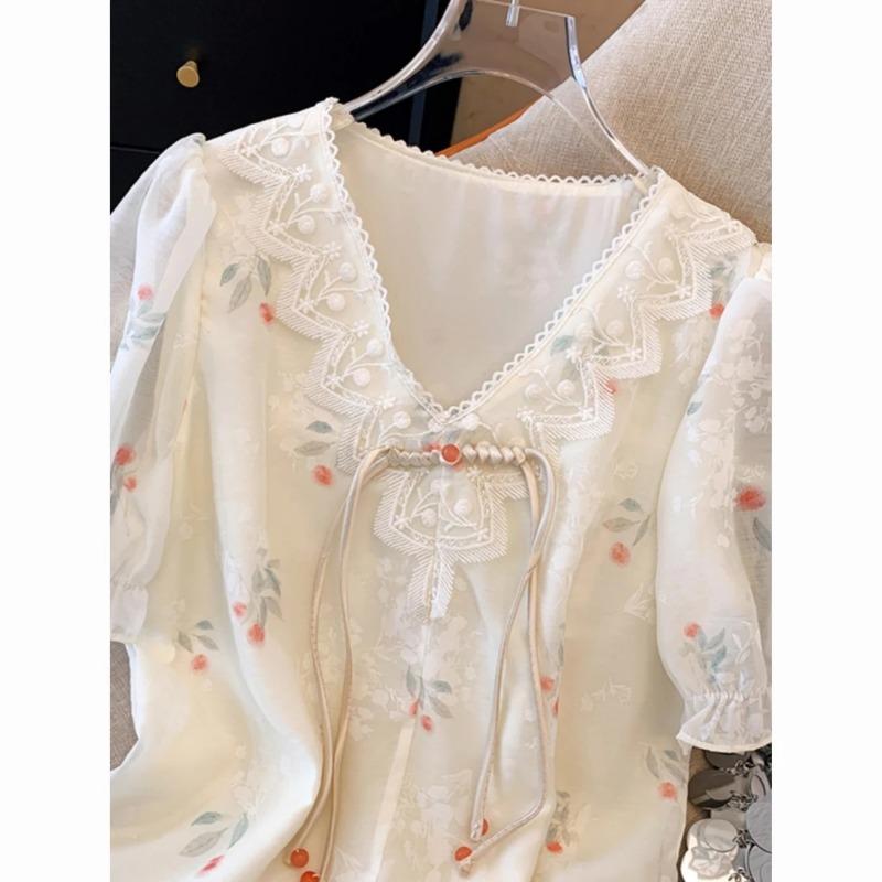 Spring Summer Women Lace Trim V Neck Blouse Floral Print Puff Sleeve Romantic Casual Loose Fit Ivory Chiffon To