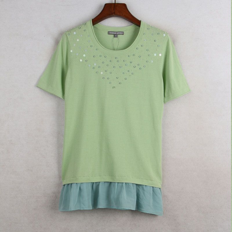 House Summer New Arrival Export European and American Women's Clothing Heavy Industry Beads Cotton + Silk Round Neck Short Sleeve Knitwear Thin Top