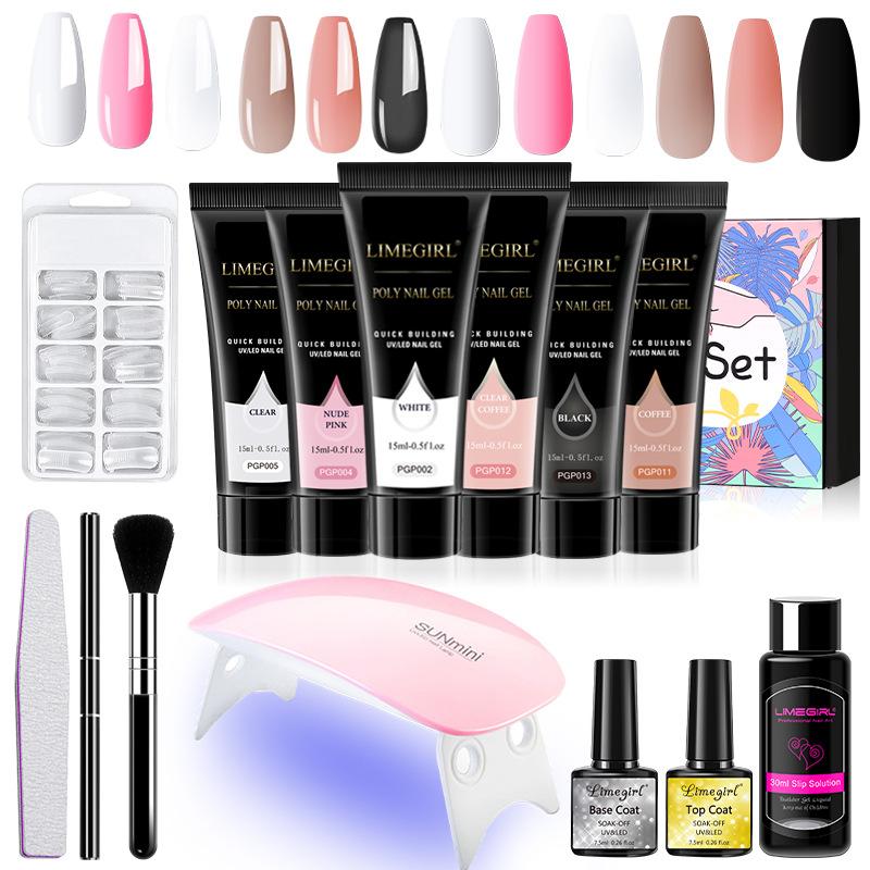 5 Color Gel Nail Polish Kit with Extender Gel, Cuticle Oil, LED Lamp, Cartoon Charms, Nail Tips, Tweezers Set