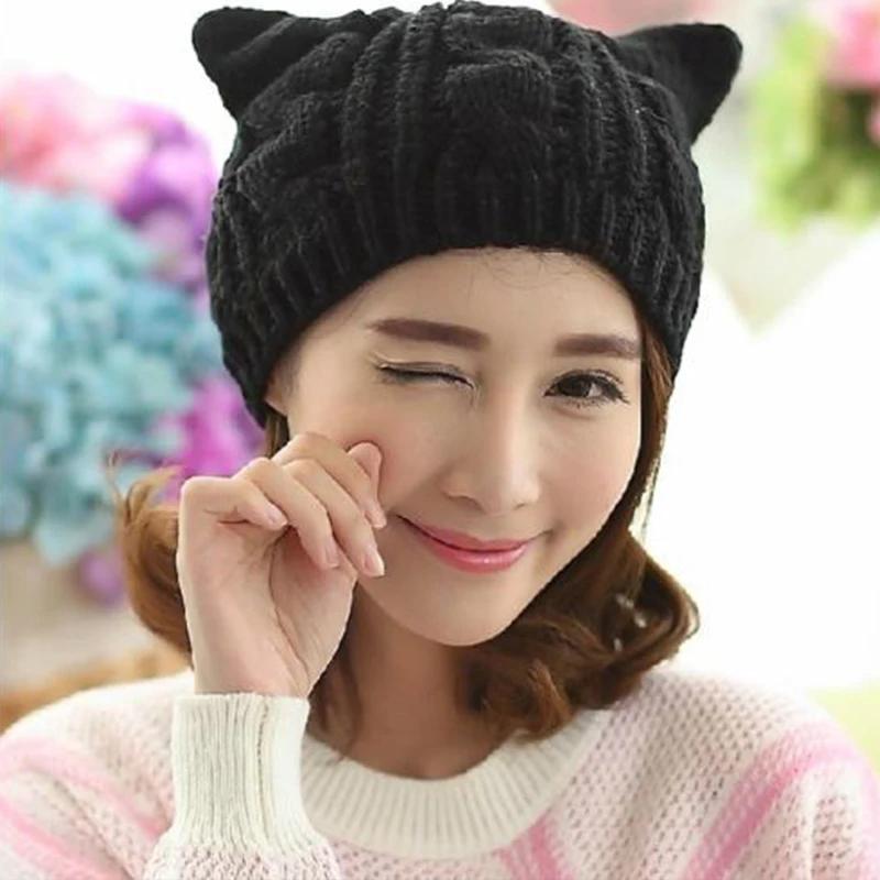 New Lovely Cat Ears Knitted Hat Fashion Women Solid Color Winter Warm Crochet Braided Beanie Hats Casual Girl Kawaii Wool Cap
