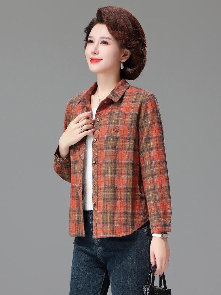 Genuine Autumn Long Sleeve Plaid Cotton Shirt for Middle-Aged & Elderly Women