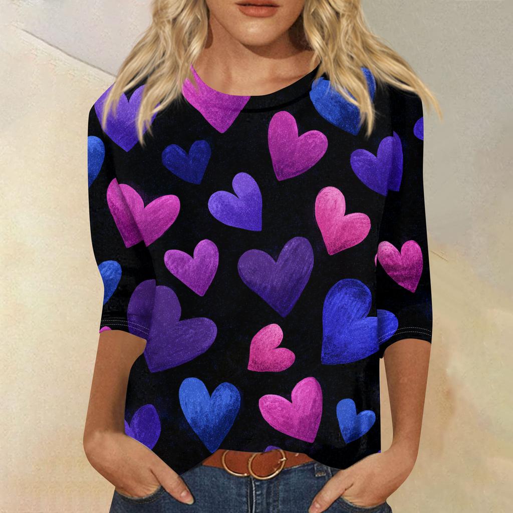 Women's Fashion Casual Round Neck Three-quarter Sleeve Carnival Print T-shirt Top