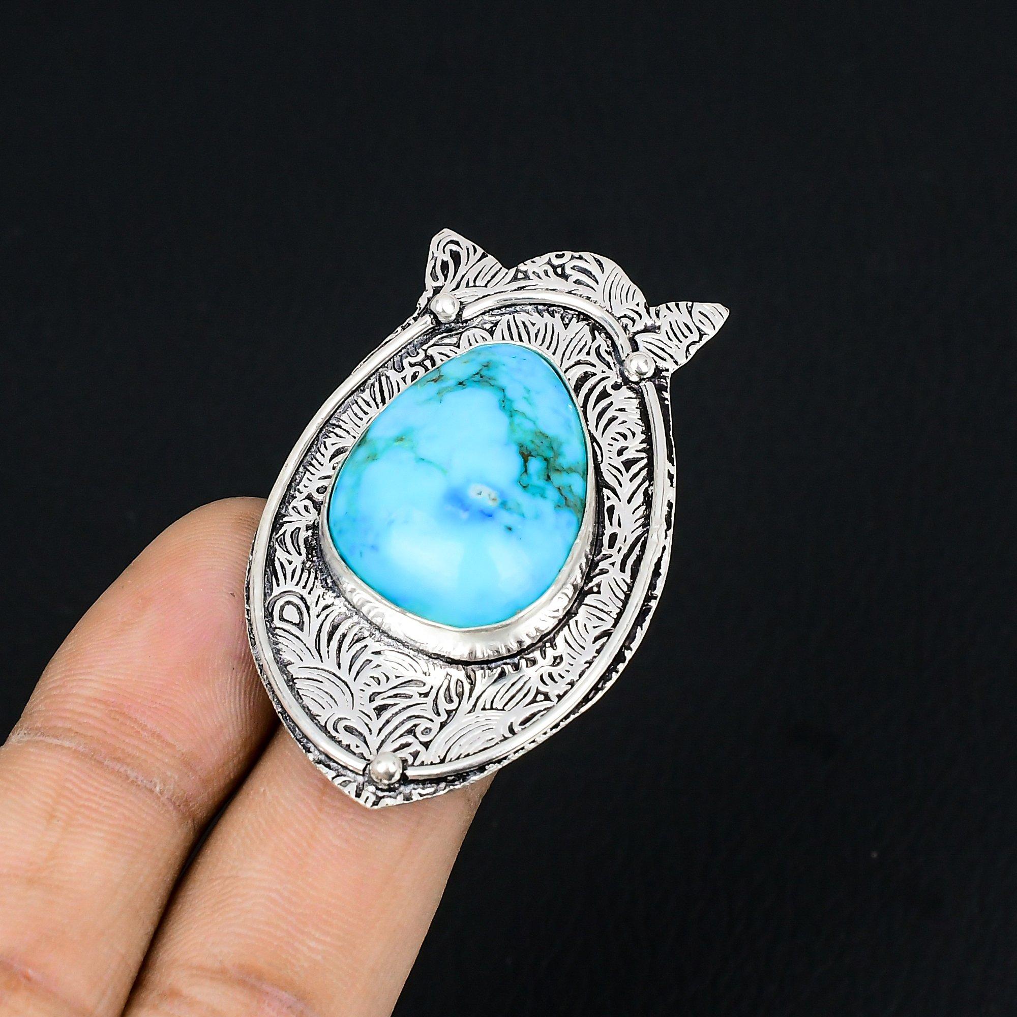 Natural Tibetan Turquoise Gemstone Stackable Ring Size 8.5 925 Silver For Women 8.5