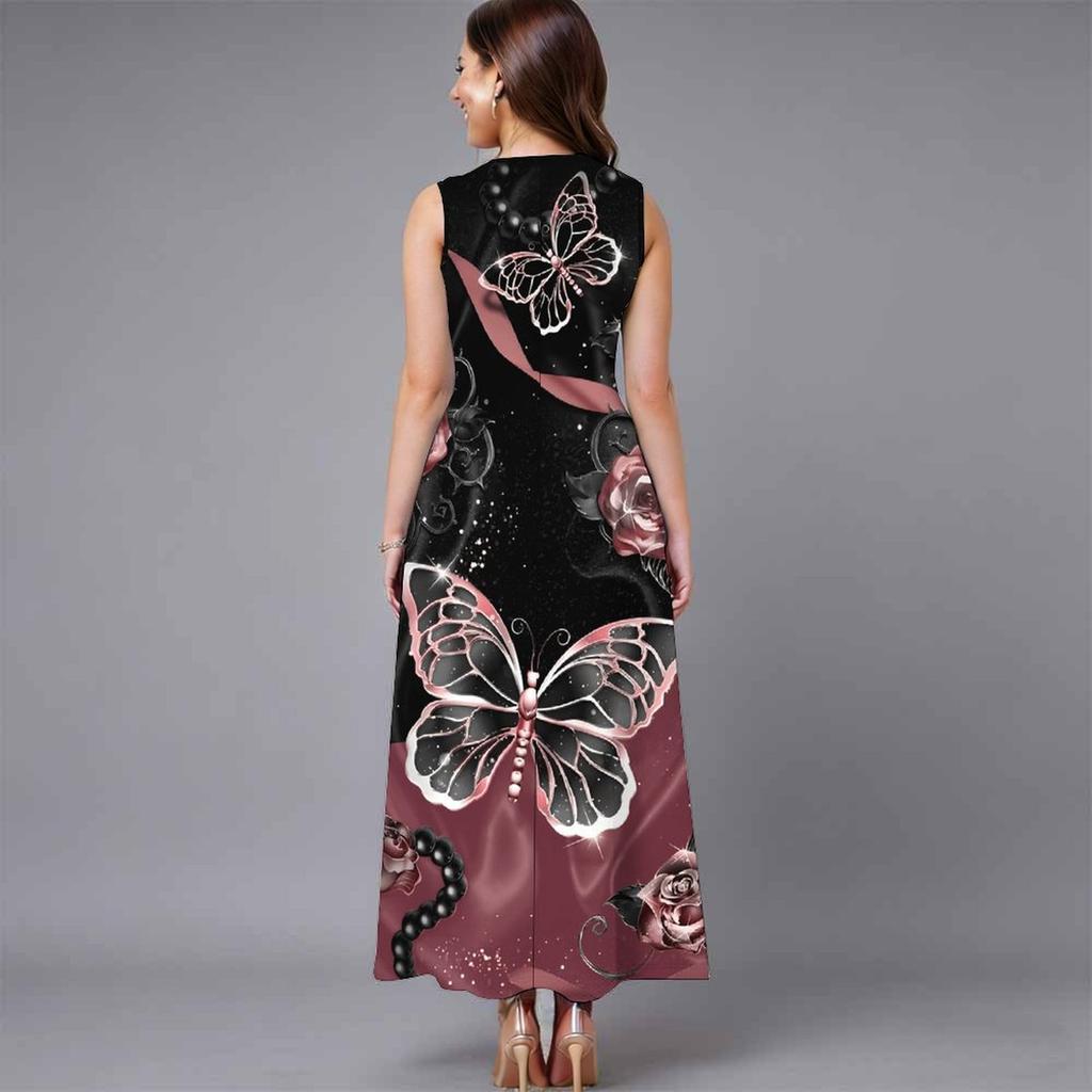 Women Oversized Sleeveless Crew Neck Dress Elegant Dense Floral Vines Flowy Calf Length Outfit