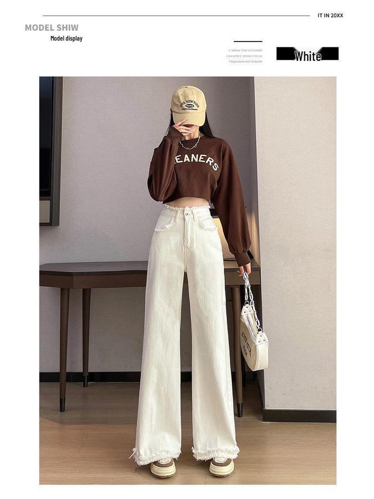 Damen Amerikanische Weiße High-Waist Wide-Leg Koreanische Jeans - Frühling Schlankmachend Bodenlang