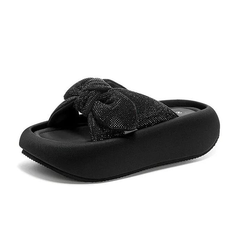 Bow Women's Flats Platform Sandals Crystal Casual Slippers New Summer Shoes 2025 Beach Flip Flops Mujer Slides Sandalias