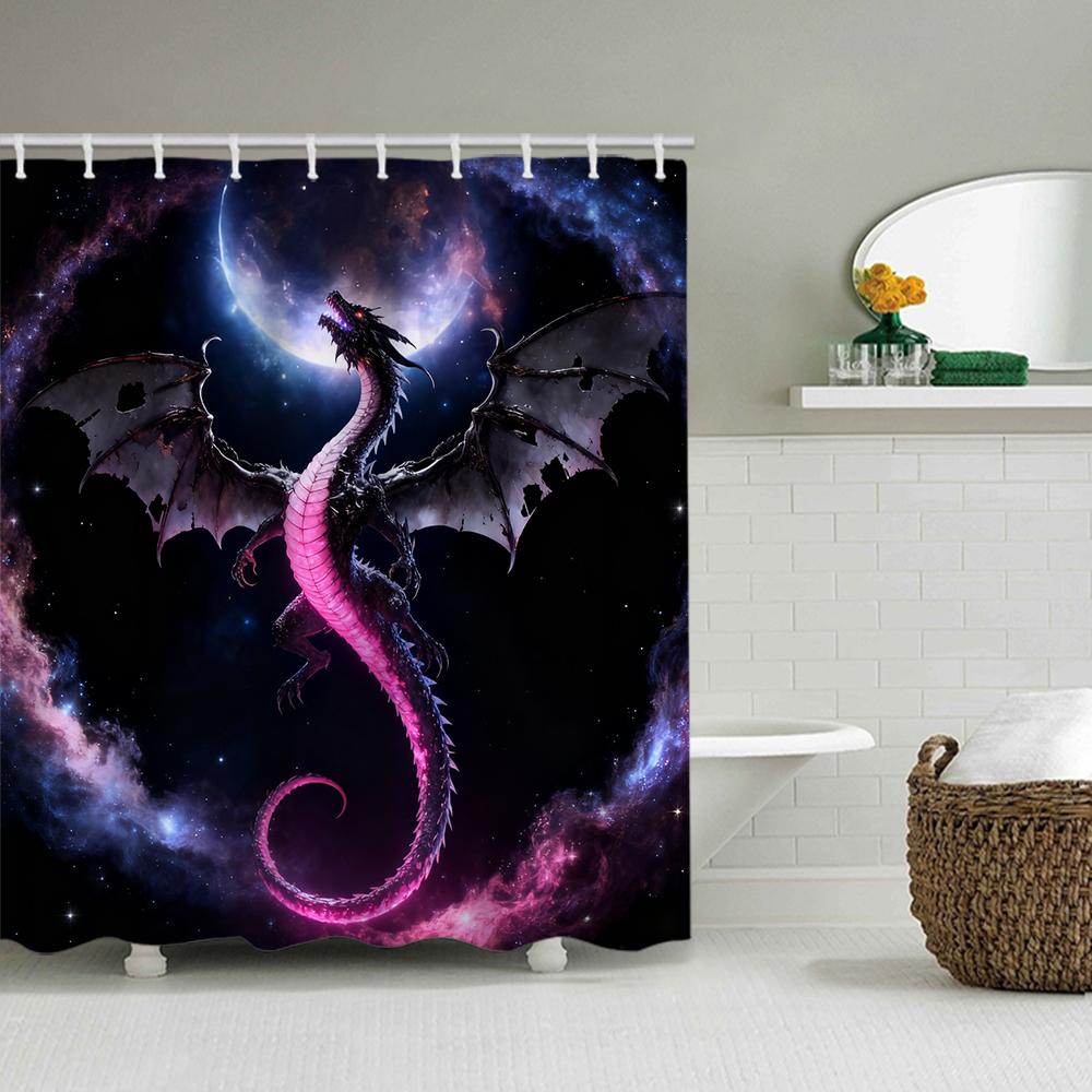 1/4 Duschvorhänge mit doppeltem Drachenkopf-Druck, Toilettensitzdekoration, Duschvorhang mit Teppich und Toilettendeckel, 70,8x70,8 Zoll