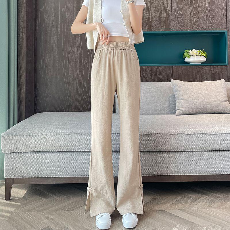 

2026 Summer Women s Plus Size Ice Silk Micro-Flare Pants - Chic National Style M (80-100 jin) хаки