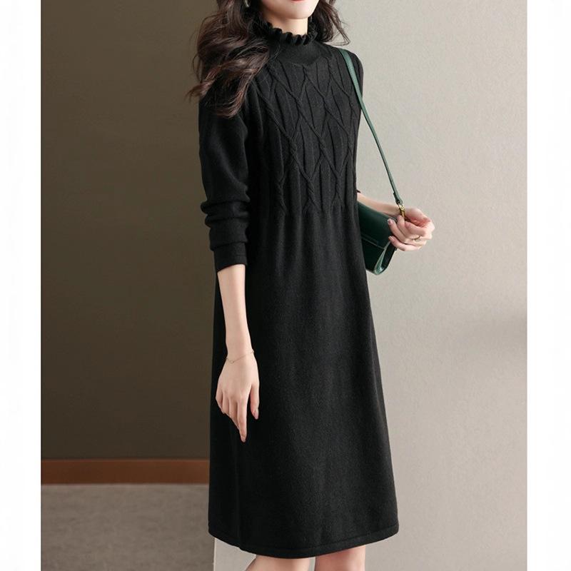 Wood ear edge semi-turtleneck knitted dress women's autumn and winter temperament elegant and thin inside with medium and long bottom sweater skirt