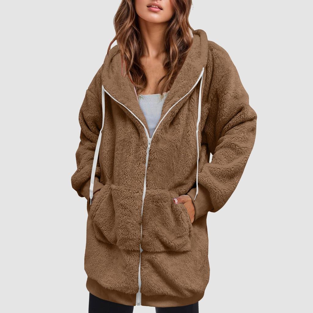 Women's Fashionable Coat Solid Color Long Sleeved Hooded Drawstring Pocket Zipper Long Warm Jackett