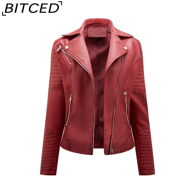 

BITCED Spring/Autumn Short-Length Leather Jacket for Women Slim-Fit Collared Biker Jacket with Diagonal Zipper XXXL бордовый