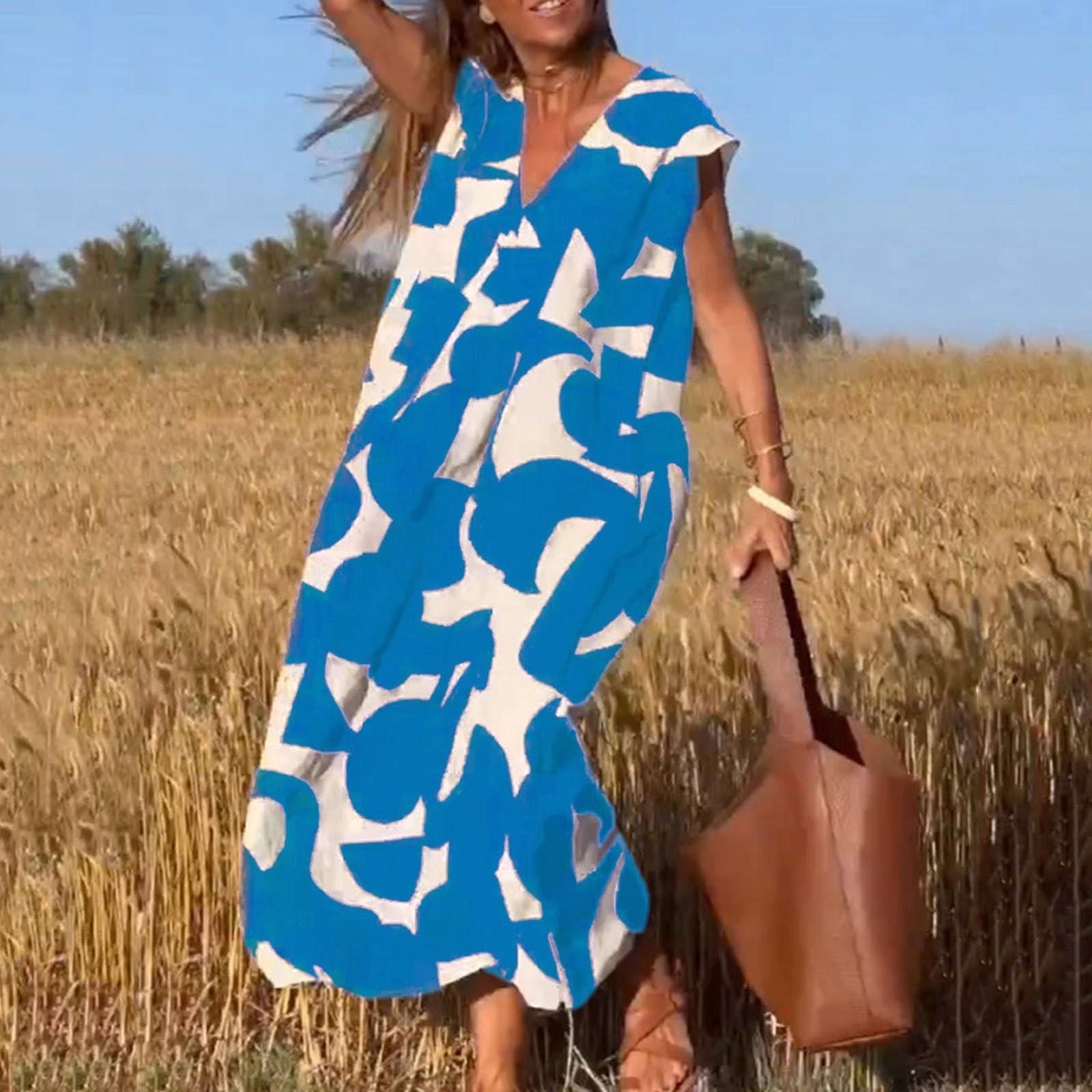 

Элегантное универсальное длинное свободное платье с V-образным вырезом и принтом S синий