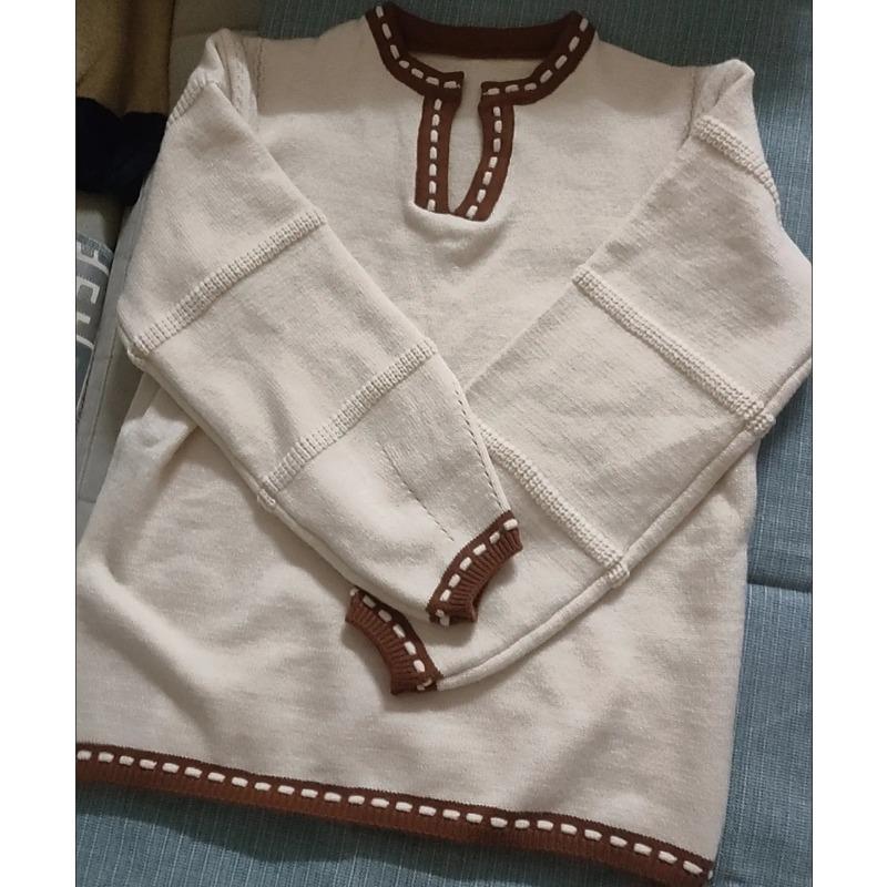 Korean Style Oversized Loose Knit Sweater Casual V Neck Pullover Color Block Tops for Women Autumn