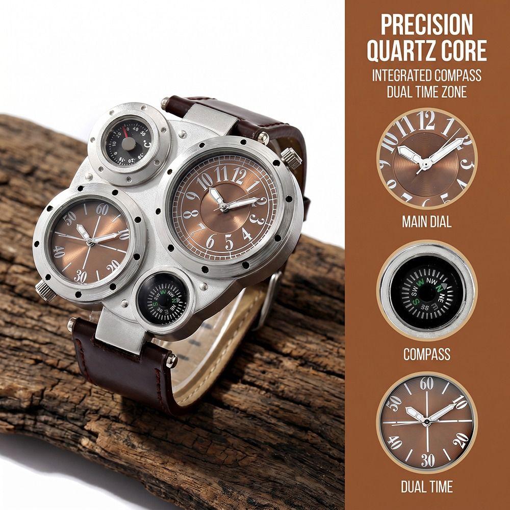 Leather Strap Dual Time Zone Watch PU Leather Strap Men's Watch Luxury Quartz Watch Luxury Style