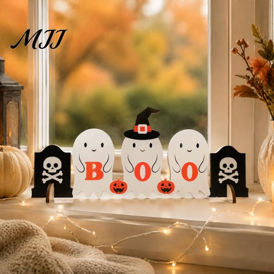 Kids Room Halloween Decorations Cute Ghost Wooden Decor, BOO Pumpkin Witch Tabletop Ornament Table for Desk Shelf, Soft Spooky Home