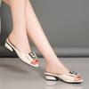 2025 New Cool Slippers Women's Summer Flat Bottom Wear Soft Leather Medium Heel Thick Heel Bow Fish Mouth Fashion Low Heel Sandals