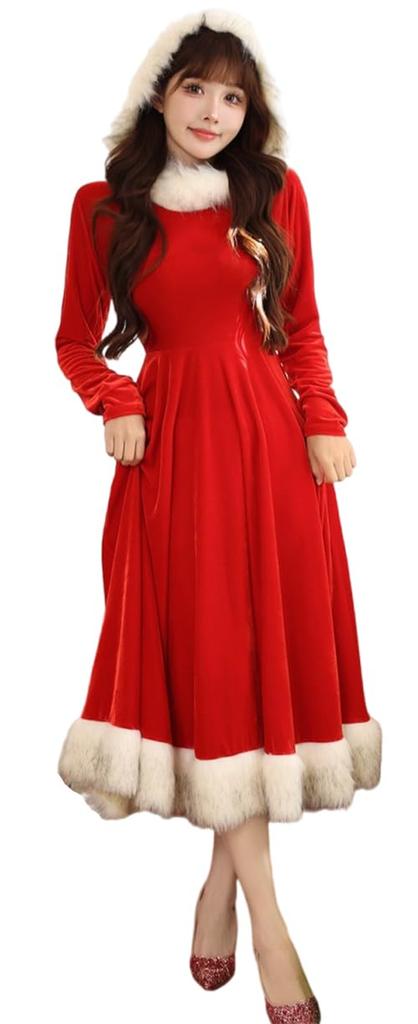 Shangki Santa Dress, Santa Claus Long Sleeve Dress with Hood, Red, Christmas Costume for Women, Party Wear, Cute Long Skirt (Size L, Red)
