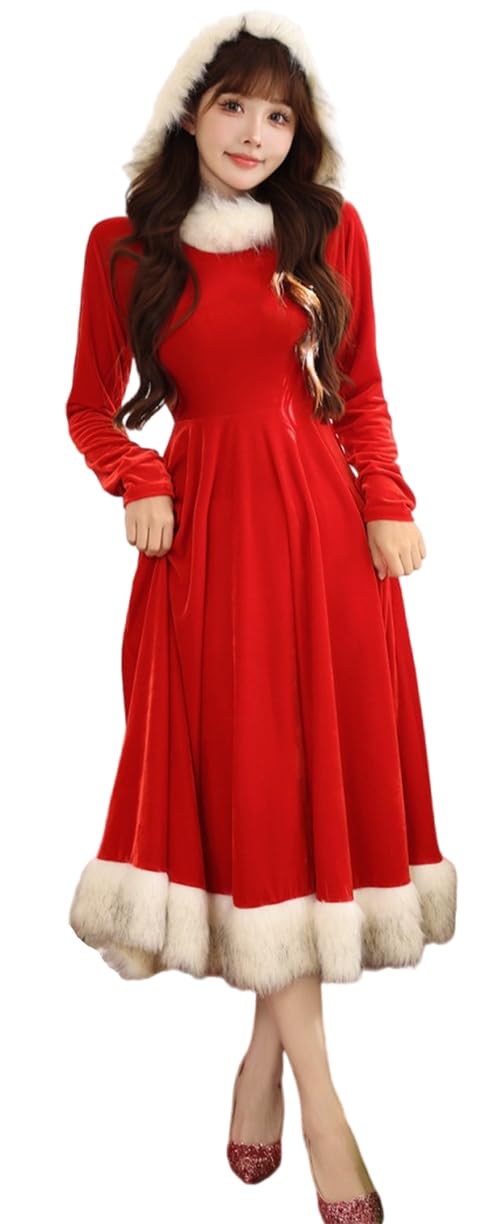 

Платье Санты Шанки, Платье Санта-Клауса с длинным рукавом и капюшоном, Красное, Рождественский костюм для женщин, Вечерняя одежда, Милая длинная юбка (Размер L, Красный)