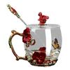 Praktisches Glas-Emaille-Tassen-Geschenkset Schmetterlinge Emaillierte Glastassen Blumen Verzierte Glas-Wasserbecher mit Löffel Dropshipping