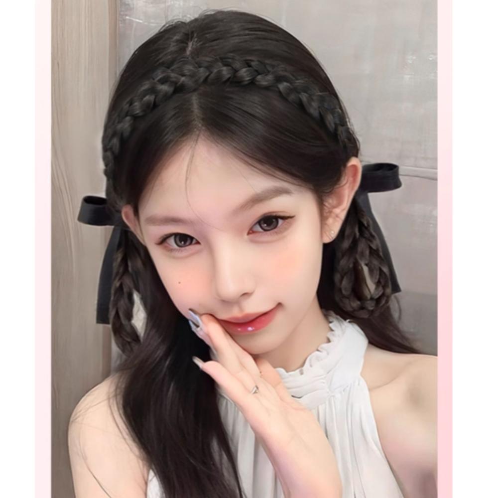 Cute Twist Braid Wig Bun Hair Hoop Lop-Eared Rabbit Bun Bow Braided Headband Women