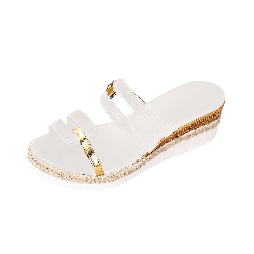 Womens Sandals Wide Ladies Summer Casual Colour Blocking Soft Leather Woven Straw Bottom Thick Bottom Slope Heel Sandalias Mujer