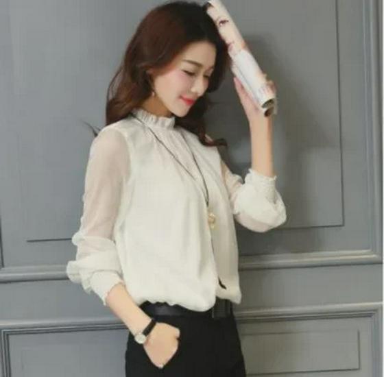 2024 Korean Chiffon Ruffle Top with Stand Collar - Large Size