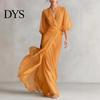 Daily Wear Dress Women V- Neck Long for Summer Autumn, Solid Color Tie Casual Waist A-Line Dress, Half Sleeves Swing Maxi