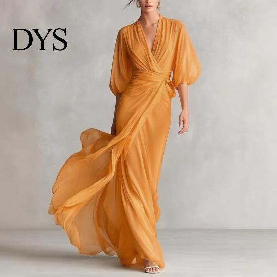 Daily Wear Dress Women V- Neck Long for Summer Autumn, Solid Color Tie Casual Waist A-Line Dress, Half Sleeves Swing Maxi