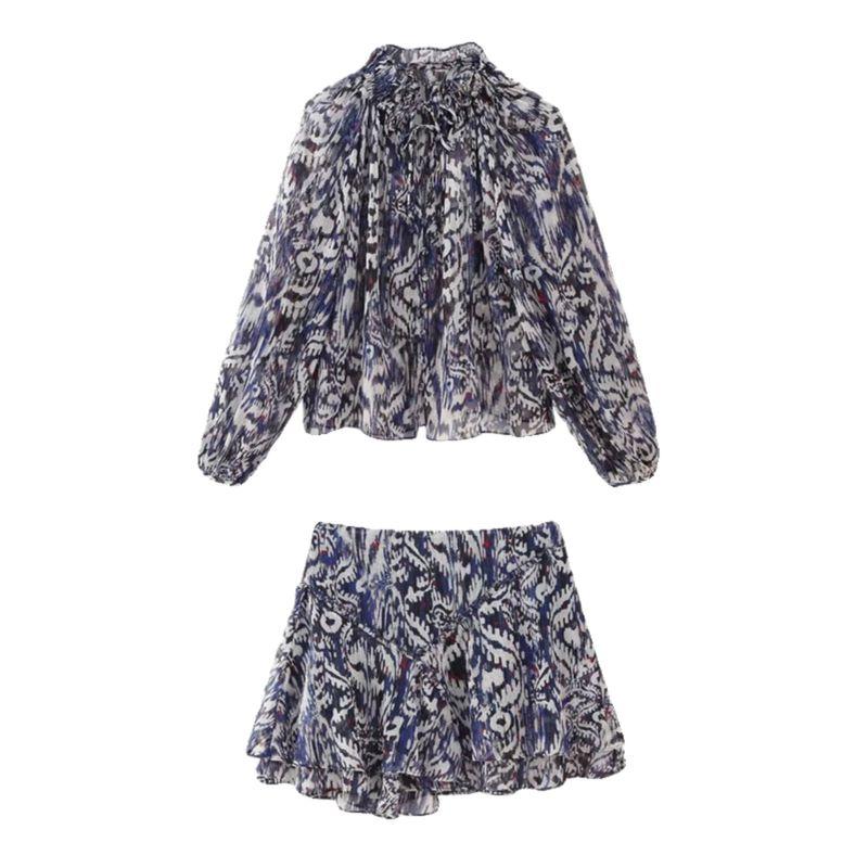 Fashion Wind 2024 Spring New Niche Loose Puff Sleeves Metal Color Line Print Blouse 2429106 330