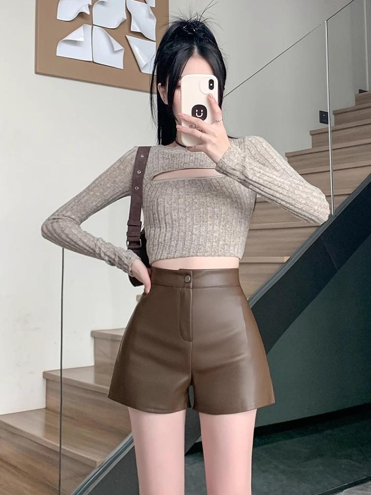 

Women s Fall Spring Outer Wear High Waisted A-Line Slimming Petite Fashion Wide Leg PU Leather Shorts Coffee Mini Shorts 4XL темно-коричневого кольору