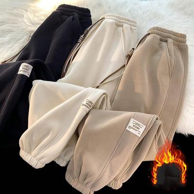Velvet Thickened Sweatpants for Girls Autumn and Winter Pants Loose Straight Wide-leg Pants Casual Sports Tying Pants