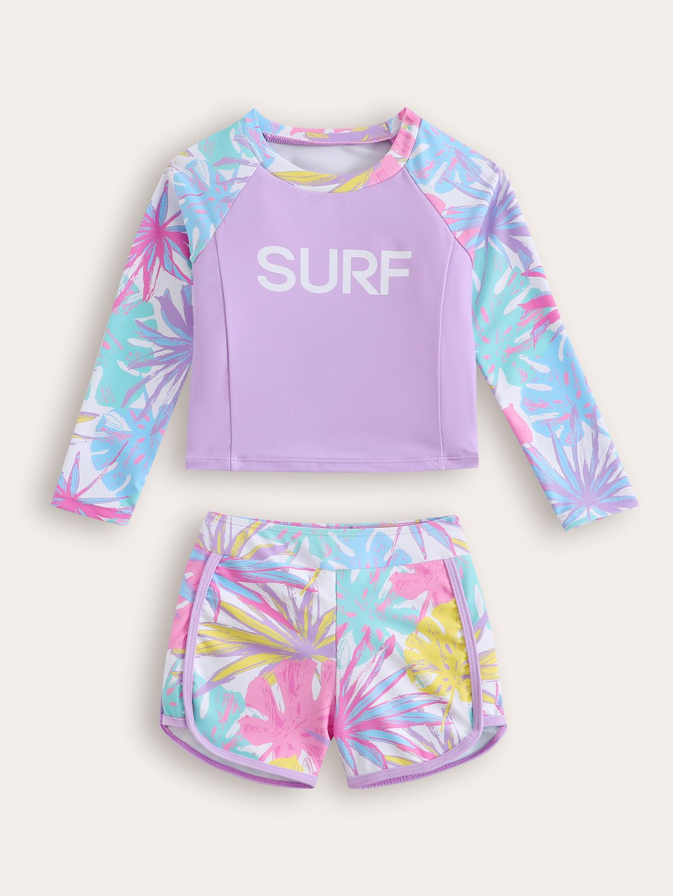 

2025 Cute Maple Leaf Print Long Sleeve Swimwear for Toddlers 7Y фиолетовый