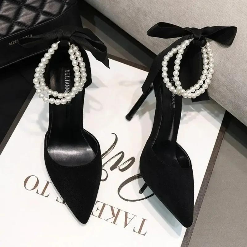 Fashion Women's 7cm/9cm High Heel Shoes New Black String Beads Pointed Toe Thin Heel Shoes for Women Party Wedding Women's Heeled Shoes