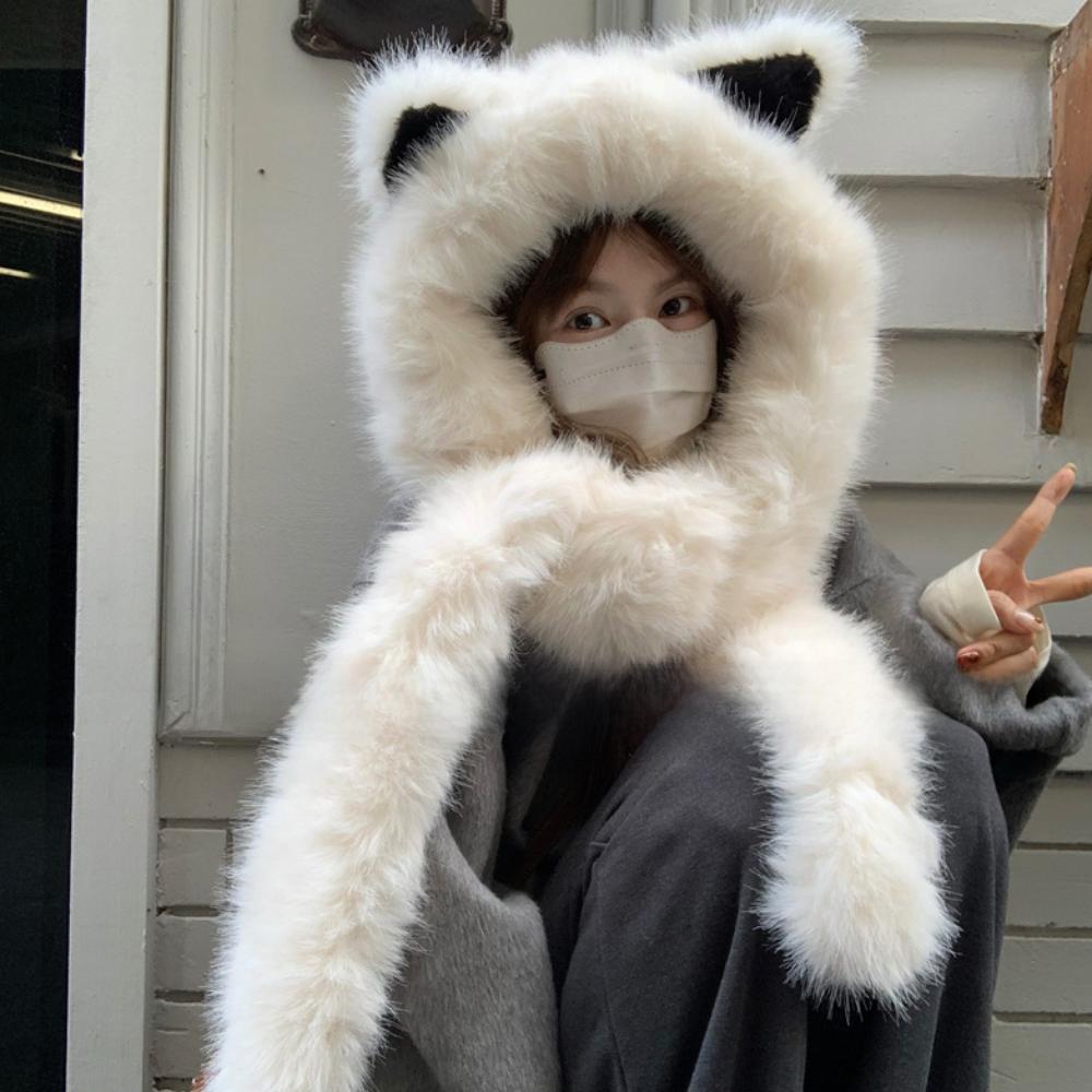Windproof Plush Vixen Ear Beanie Hat Thicken Hooded Scarf Cute Integrated Cap Scarf Outdoor