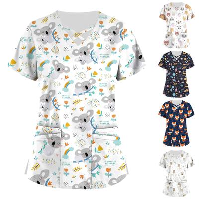 Plus Size Cute Printed Scrub Working Uniform Tops For Women Cross V-Neck Short Sleeve Fun T-Shirts Workwear Tee With Pockets