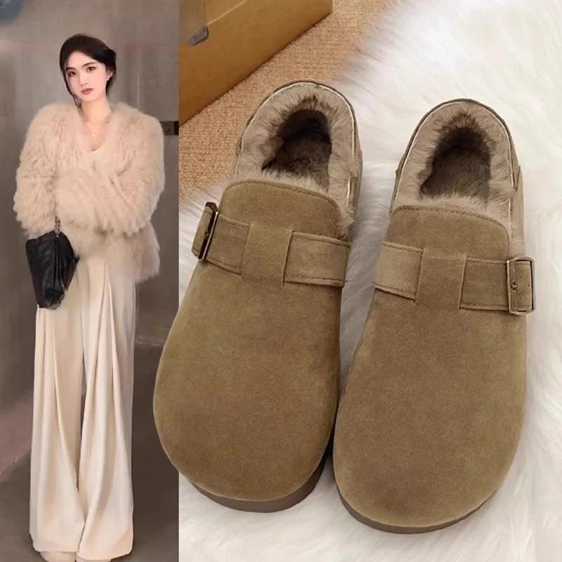 Vintage Flat Boots Women's Winter Warm Cotton Shoes Soft Bottom Slip-on Shoes Thickened Brogues Women Shoes