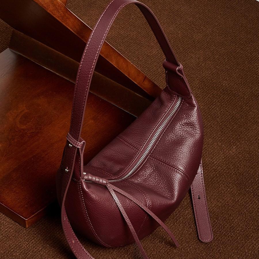 First Layer Cowhide Croissant Bag Diagonal Span Dumpling Bag Genuine Leather Single Shoulder Practical Commuting Solid Color Soft Leather Women'S Bag