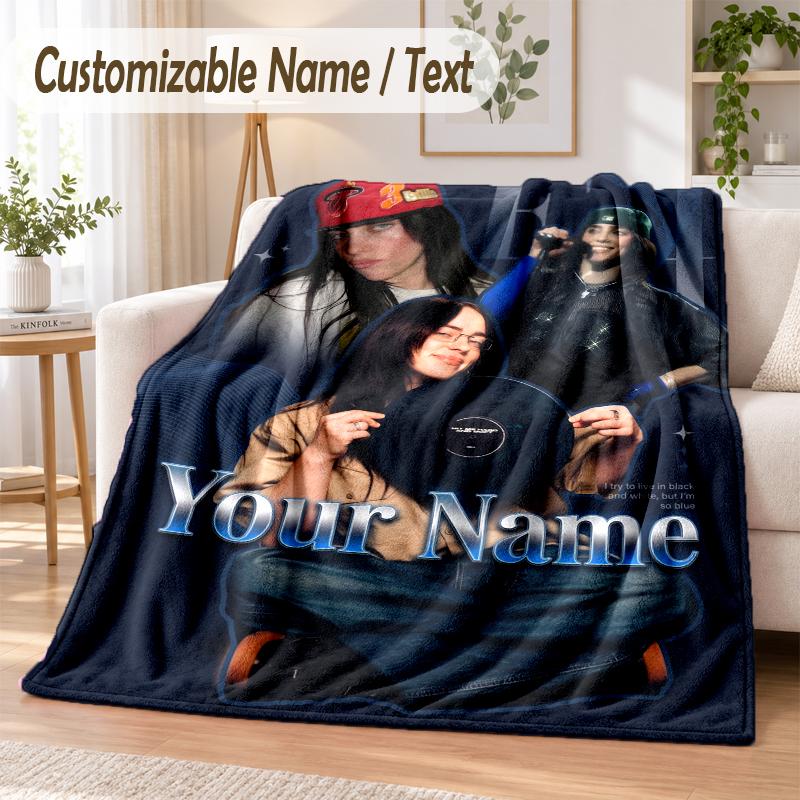 Billie Eilish Custom Name Flannel Throw Blanket Soft Warm for Sofa Bed Indoor Home Use