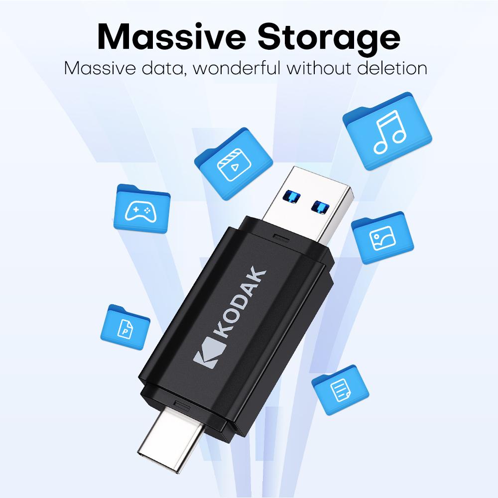 Kodak K143D USB Flash Drive Type C 32GB/64GB/128GB/256GB USB3.2 Pendrive High Speed Dual Memory Stick For Smartphone Laptop