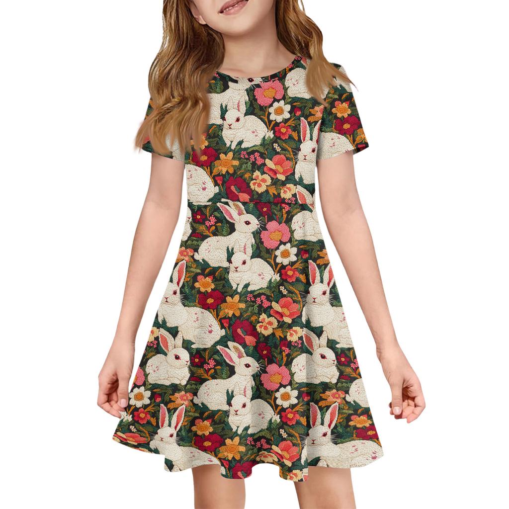 Girl Summer Dress Color & Print Short Sleeve Dress With Pocket Casual Dress Shorts Sleeve Party Dress Easter Day