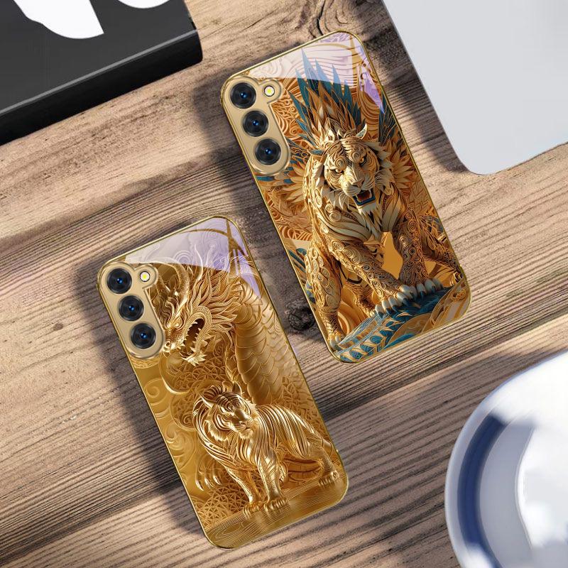 Fantasy Golden Beast For Samsung Galaxy S20 FE S21 S22 S23 Plus S24 Ultra 25Ultra S21+ S9+ S22Plus Golden Glass Phone Case