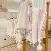 250G Two-Color Cationic Jacquard Throw Blanket with Small Handmade Pom-Poms
