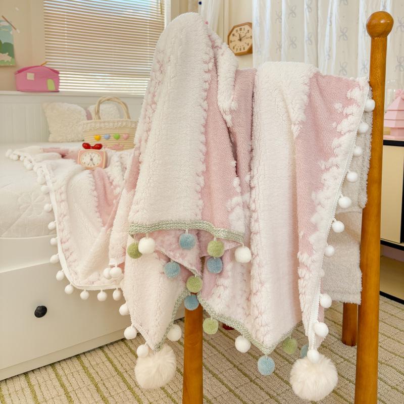 250G Two-Color Cationic Jacquard Throw Blanket with Small Handmade Pom-Poms